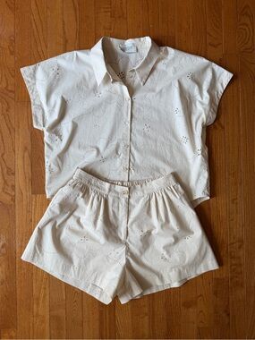 Luminary Floral Eyelet Two Piece Set Cream Button Up Top L & Pleated Shorts M